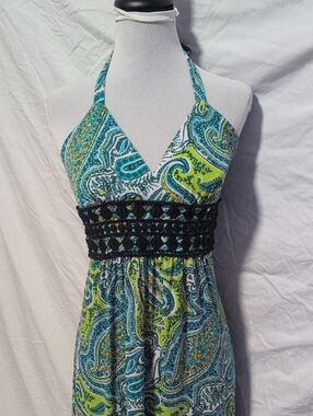 Sequin Hearts Teal, Lime & Black Paisley Halter Top